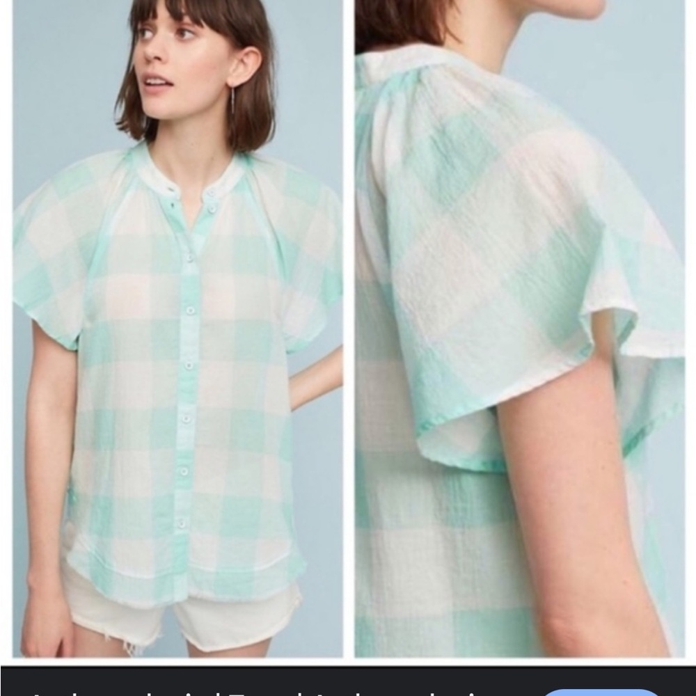 Small Maeve Anthropologie Gingham Flutter Mint Button-Up Blouse